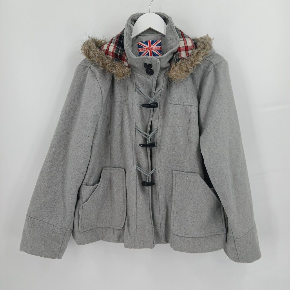 womans miss London Grey Faux Fur Trimmed Union Jack Hooded Jacket plus Size 3X